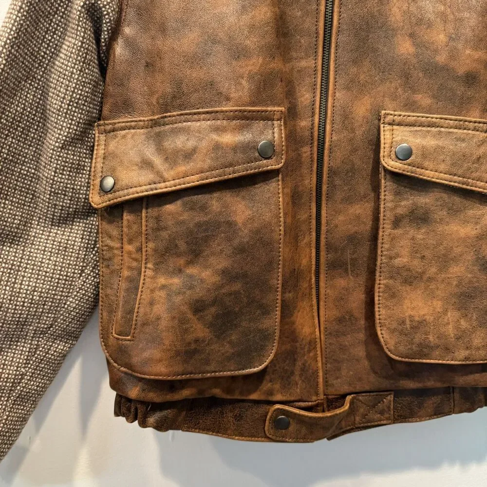 Vintage Mario Zarelli Leather Jacket Distressed Wool Bomber Brown Mens 38 Medium